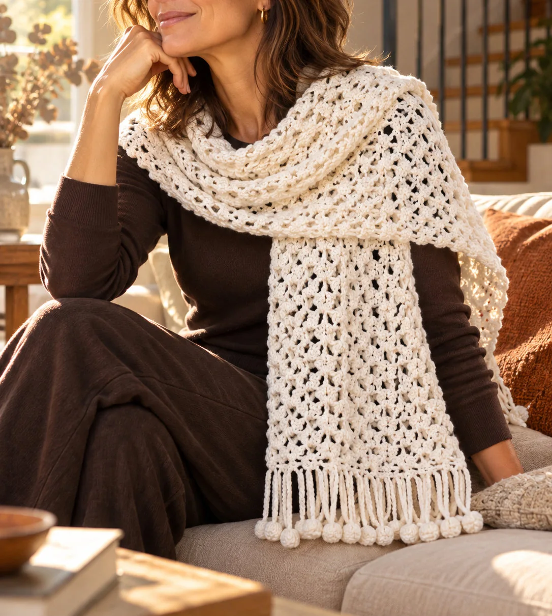 Bufanda de crochet color crema con flecos sobre una prenda oscura.